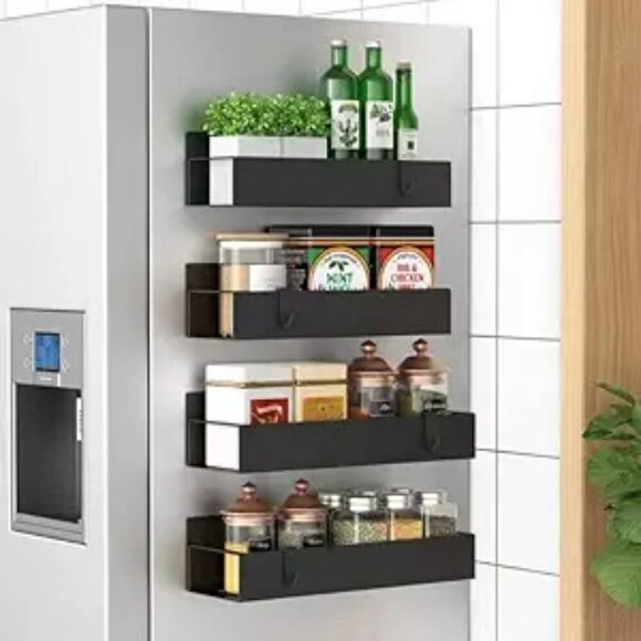 4 Pack Magnetic Spice Storage Rack Organizer Storage Fridge Black - Picture 1 of 6